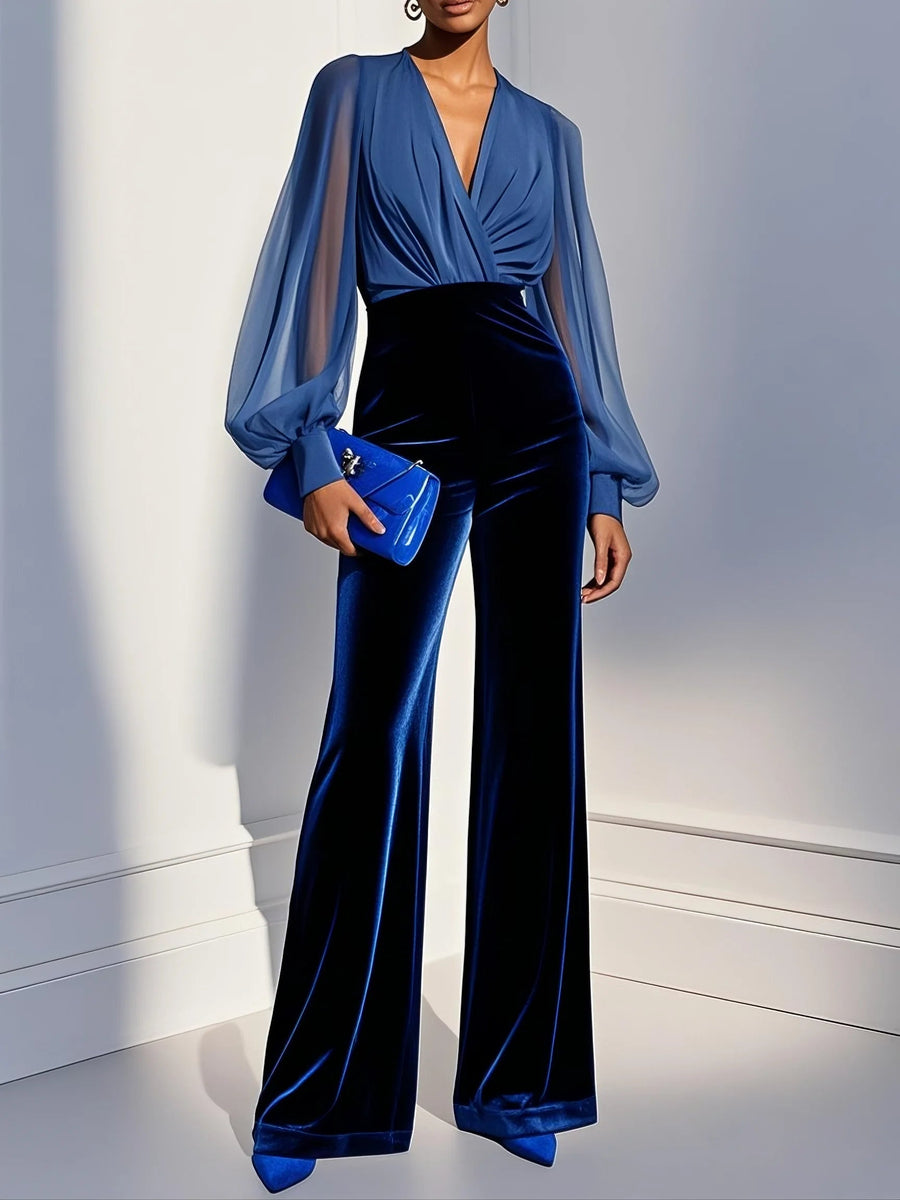 Seraphina | Women's Deep V Neck Sheer Long Sleeve Velvet Wide Leg Jumpsuit