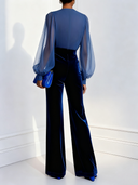 Seraphina | Women's Deep V Neck Sheer Long Sleeve Velvet Wide Leg Jumpsuit