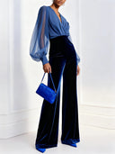 Seraphina | Women's Deep V Neck Sheer Long Sleeve Velvet Wide Leg Jumpsuit