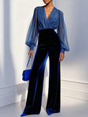 Seraphina | Women's Deep V Neck Sheer Long Sleeve Velvet Wide Leg Jumpsuit