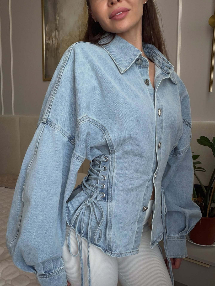 Shania | Women's Collared Button Front Balloon Sleeve Lace Up Denim Jacket