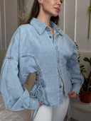 Shania | Women's Collared Button Front Balloon Sleeve Lace Up Denim Jacket