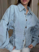Shania | Women's Collared Button Front Balloon Sleeve Lace Up Denim Jacket
