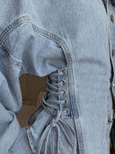 Shania | Women's Collared Button Front Balloon Sleeve Lace Up Denim Jacket