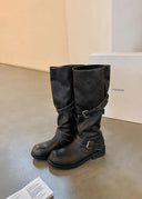 Shoshana | Women's Round Toe Double Buckle Strap Heel Boots