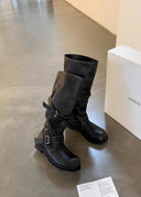 Shoshana | Women's Round Toe Double Buckle Strap Heel Boots