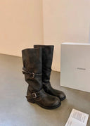 Shoshana | Women's Round Toe Double Buckle Strap Heel Boots