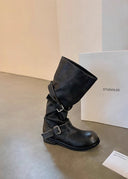 Shoshana | Women's Round Toe Double Buckle Strap Heel Boots