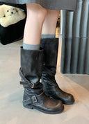 Shoshana | Women's Round Toe Double Buckle Strap Heel Boots