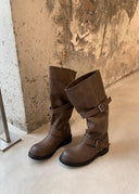 Shoshana | Women's Round Toe Double Buckle Strap Heel Boots
