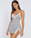 Shrena | Women's V Neck Lace Trim Spaghetti Strap Mini Nightdress with Side Slit