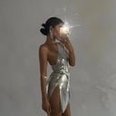 Sierrah | Women's Party One Shoulder Draped High Slit Metallic Mini Dress
