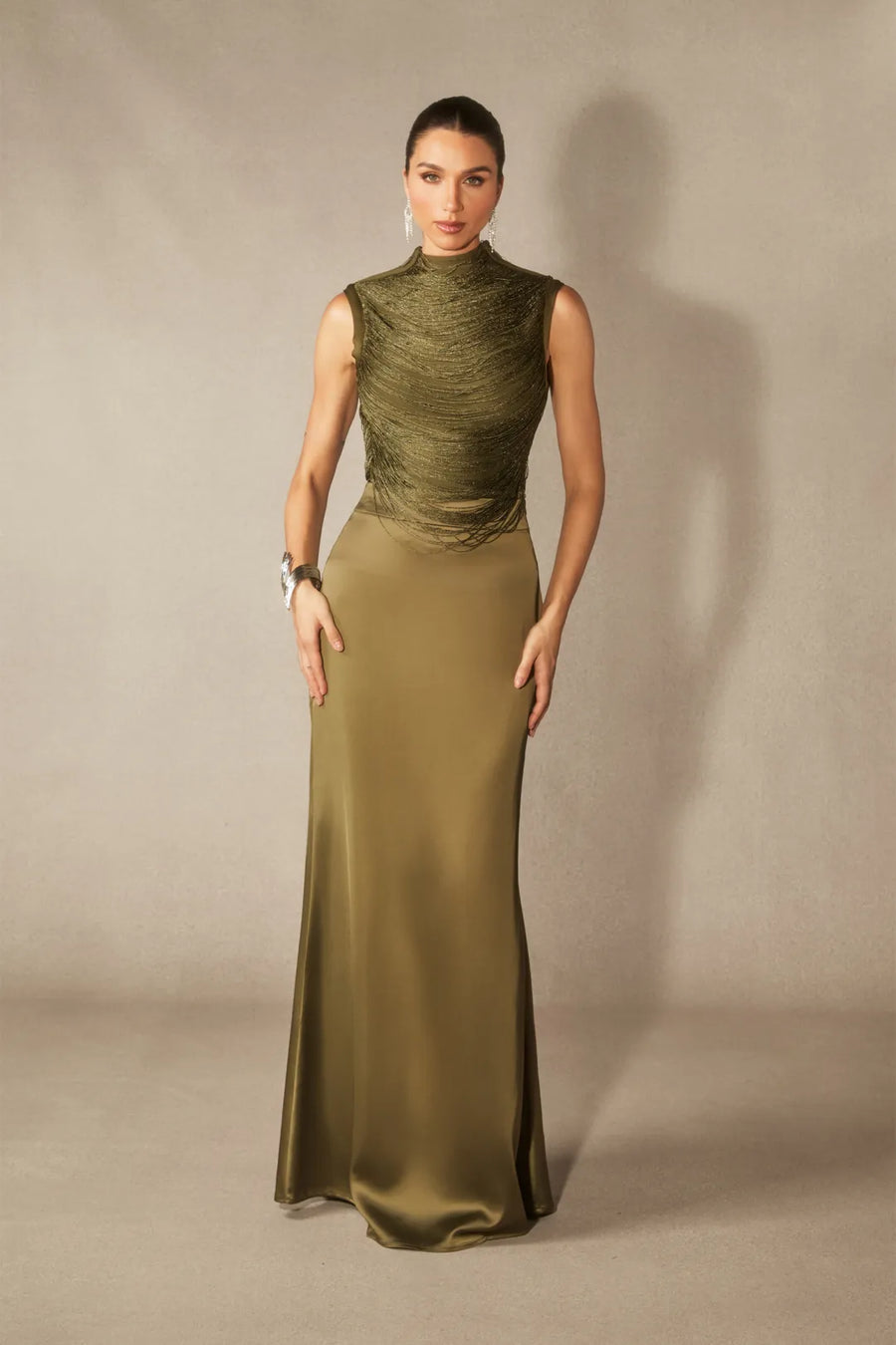 Soleil | Women's Sleeveless High Neck Satin Elegant Evening Dress