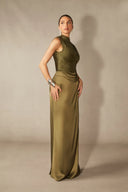 Soleil | Women's Sleeveless High Neck Satin Elegant Evening Dress