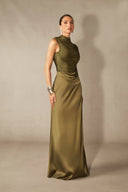 Soleil | Women's Sleeveless High Neck Satin Elegant Evening Dress