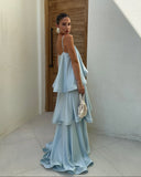 Stevie | Women's Spaghetti Strap Tiered Ruffle Satin Maxi Wedding Guest Dress