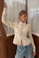 Susan | Women's Floral Lace Mandarin Collar Button Front Cardigan