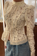 Susan | Women's Floral Lace Mandarin Collar Button Front Cardigan