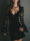 Svea | Women's Plunge Neck Sheer Lace Bell Sleeve Draped Velvet Mini Dress