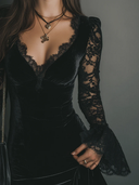 Svea | Women's Plunge Neck Sheer Lace Bell Sleeve Draped Velvet Mini Dress