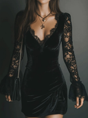 Svea | Women's Plunge Neck Sheer Lace Bell Sleeve Draped Velvet Mini Dress
