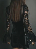 Svea | Women's Plunge Neck Sheer Lace Bell Sleeve Draped Velvet Mini Dress