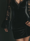 Svea | Women's Plunge Neck Sheer Lace Bell Sleeve Draped Velvet Mini Dress