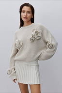 Sybil | Women's Crew Neck Long Sleeve 3D Flower Rose Knit Sweater