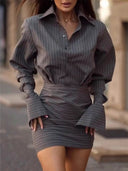 Tabitha | Women's Collared Pinstripe Long Sleeve Shirt Dress