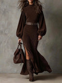 Tatym | Women's Faux Suede Mock Neck Lantern Sleeve Belted Side Slit Midi Dress