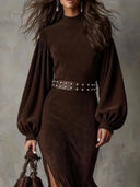 Tatym | Women's Faux Suede Mock Neck Lantern Sleeve Belted Side Slit Midi Dress