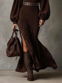 Tatym | Women's Faux Suede Mock Neck Lantern Sleeve Belted Side Slit Midi Dress