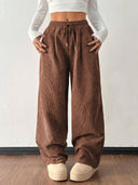 Theresa | Women's Drawstring Waist Side Pocket Ribbed Wide Leg Pants
