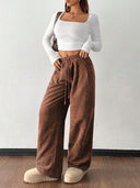 Theresa | Women's Drawstring Waist Side Pocket Ribbed Wide Leg Pants