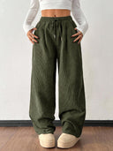 Theresa | Women's Drawstring Waist Side Pocket Ribbed Wide Leg Pants