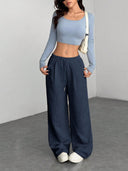 Theresa | Women's Drawstring Waist Side Pocket Ribbed Wide Leg Pants