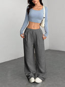 Theresa | Women's Drawstring Waist Side Pocket Ribbed Wide Leg Pants