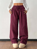 Theresa | Women's Drawstring Waist Side Pocket Ribbed Wide Leg Pants