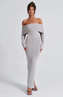 Thessaly | Women's Off Shoulder Foldover Neck Long Sleeve Knit Maxi Dress