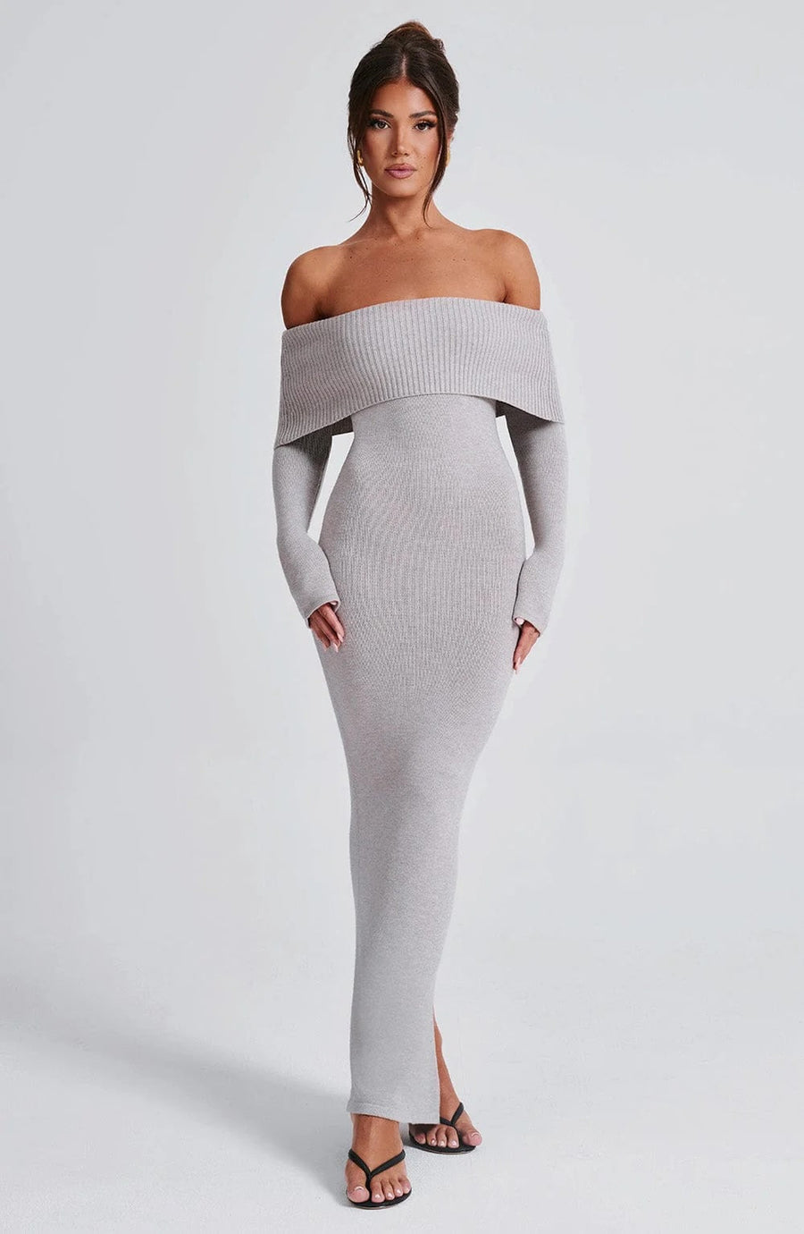 Thessaly | Women's Off Shoulder Foldover Neck Long Sleeve Knit Maxi Dress