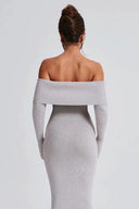 Thessaly | Women's Off Shoulder Foldover Neck Long Sleeve Knit Maxi Dress