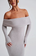 Thessaly | Women's Off Shoulder Foldover Neck Long Sleeve Knit Maxi Dress