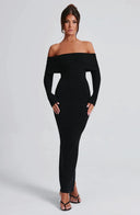 Thessaly | Women's Off Shoulder Foldover Neck Long Sleeve Knit Maxi Dress