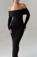 Thessaly | Women's Off Shoulder Foldover Neck Long Sleeve Knit Maxi Dress
