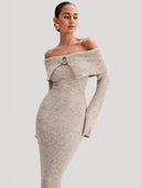 Thora | Women's Ribbed Knit Off Shoulder Foldover Neck Maxi Dress with Front Clasp