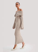 Thora | Women's Ribbed Knit Off Shoulder Foldover Neck Maxi Dress with Front Clasp