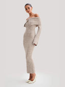 Thora | Women's Ribbed Knit Off Shoulder Foldover Neck Maxi Dress with Front Clasp