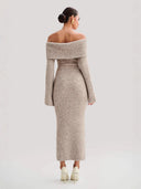 Thora | Women's Ribbed Knit Off Shoulder Foldover Neck Maxi Dress with Front Clasp