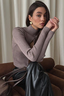 Varvara | Women's Turtleneck Long Sleeve Keyhole Cutout Ribbed Knit Top
