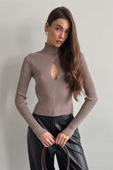 Varvara | Women's Turtleneck Long Sleeve Keyhole Cutout Ribbed Knit Top